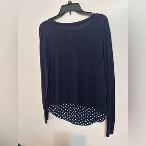 LOFT Navy Long Sleeve Top with Polka Dot Hem